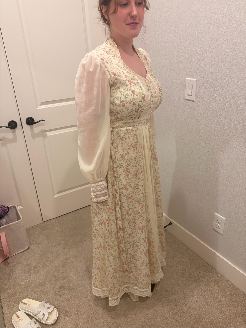 Gunne Sax Cream Floral Maxi Dress with Lace Trim